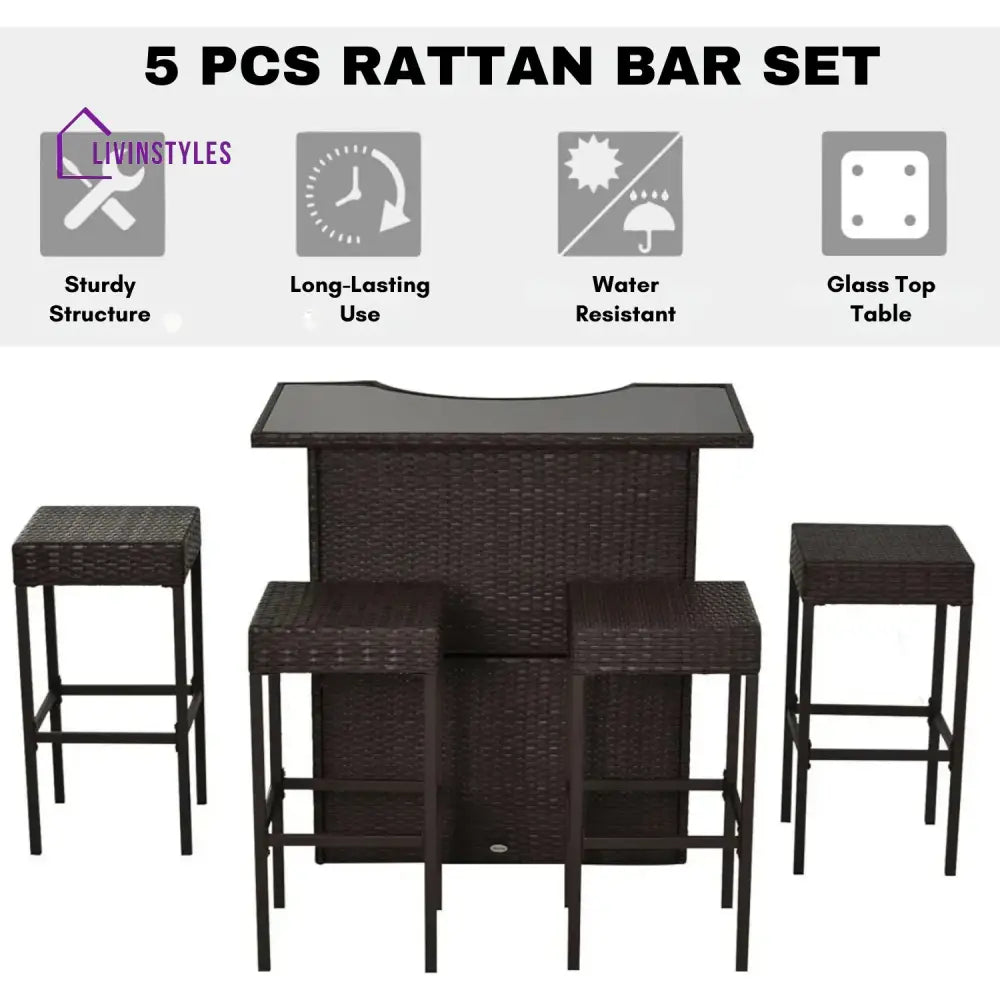 Outdoor Wicker 5-Piece Bar Set with Glass Top Table - Bar Set