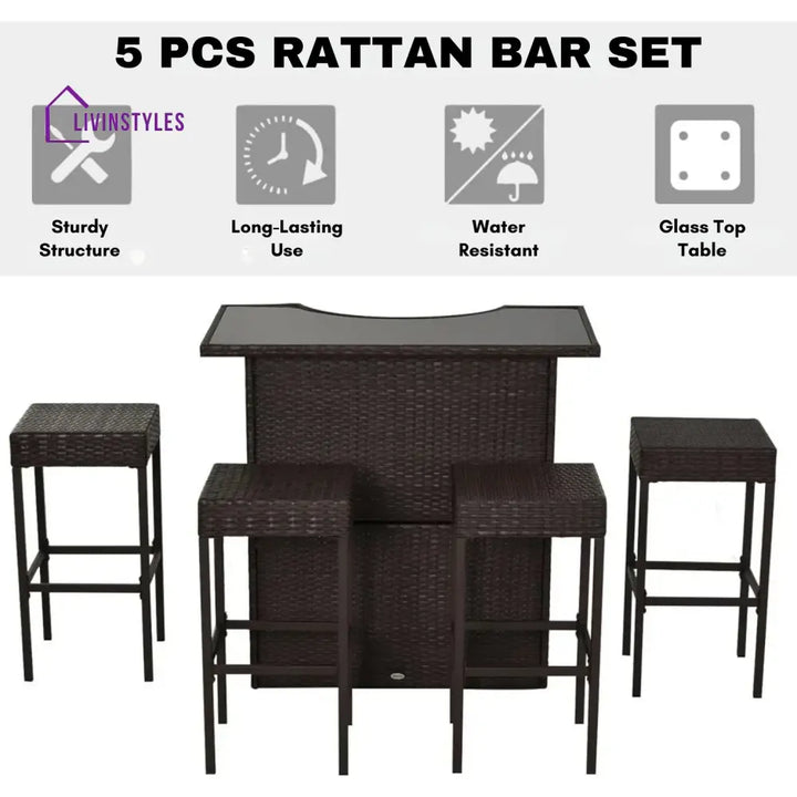 Outdoor Wicker 5-Piece Bar Set with Glass Top Table - Bar Set