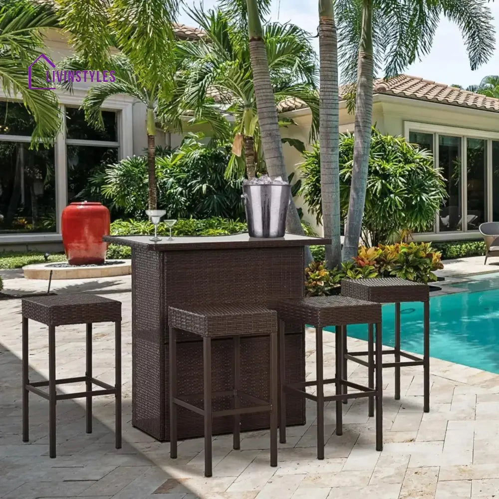 Outdoor Wicker 5-Piece Bar Set with Glass Top Table - Bar Set