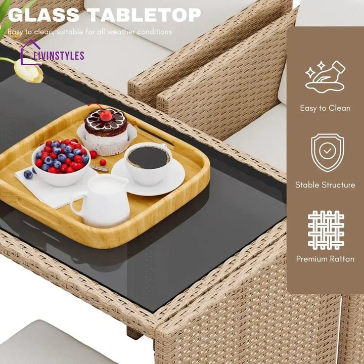 Outdoor Wicker 5-Piece Bar Set with Glass Top Table & Ottomans - Bar Set