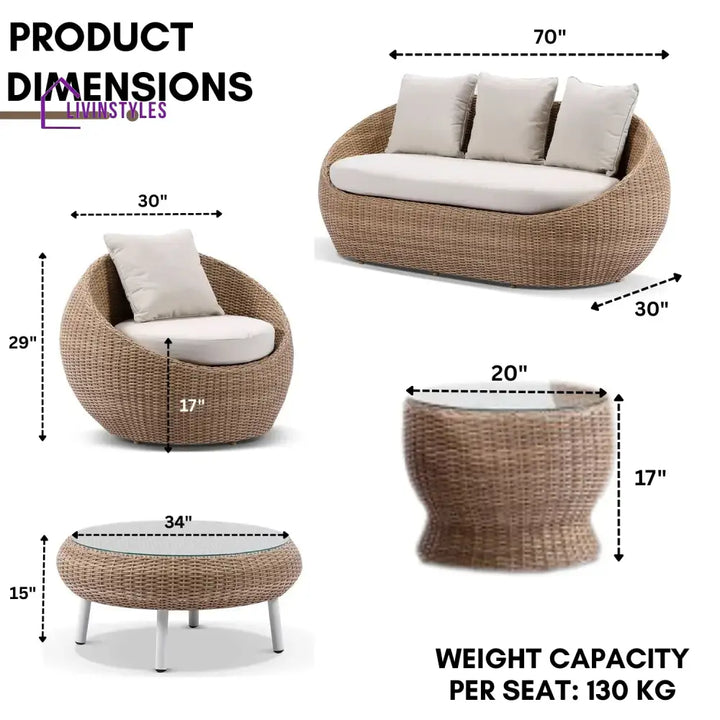 Outdoor Wicker 5-Seater Sofa Set With Glass Top Tables - Sofa Set