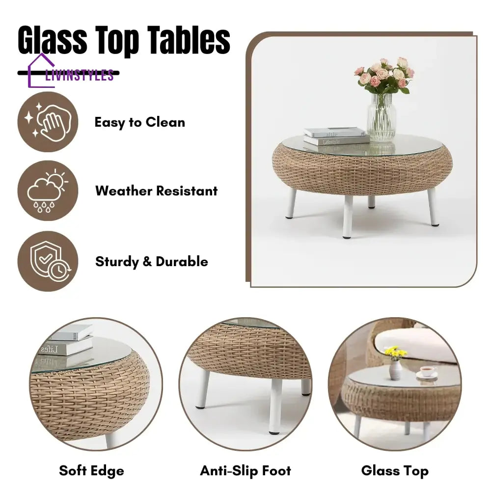 Outdoor Wicker 5-Seater Sofa Set With Glass Top Tables - Sofa Set