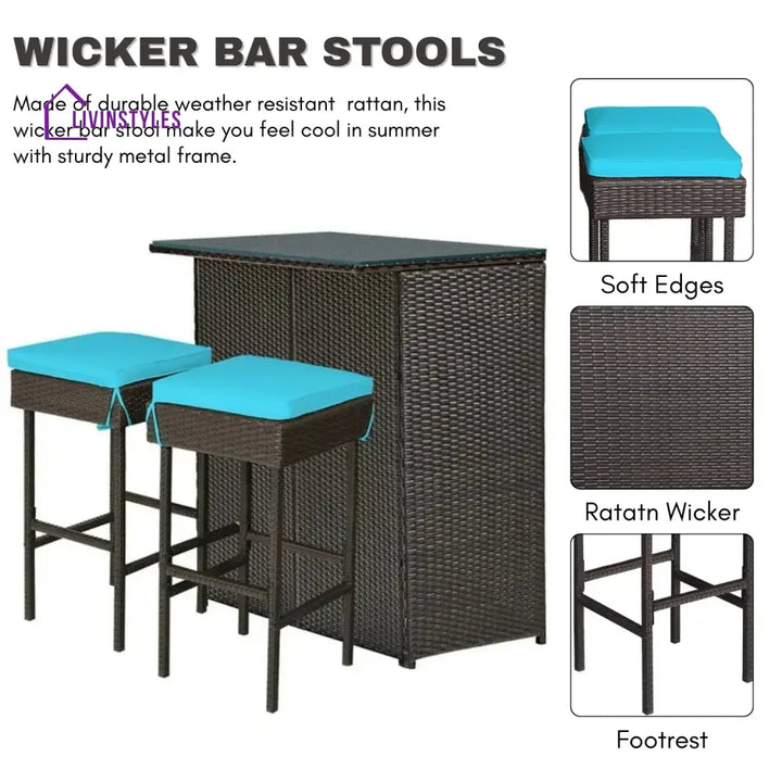 Outdoor Wicker Bar Set with Glass Top 2 Cushioned Stools - Bar Set