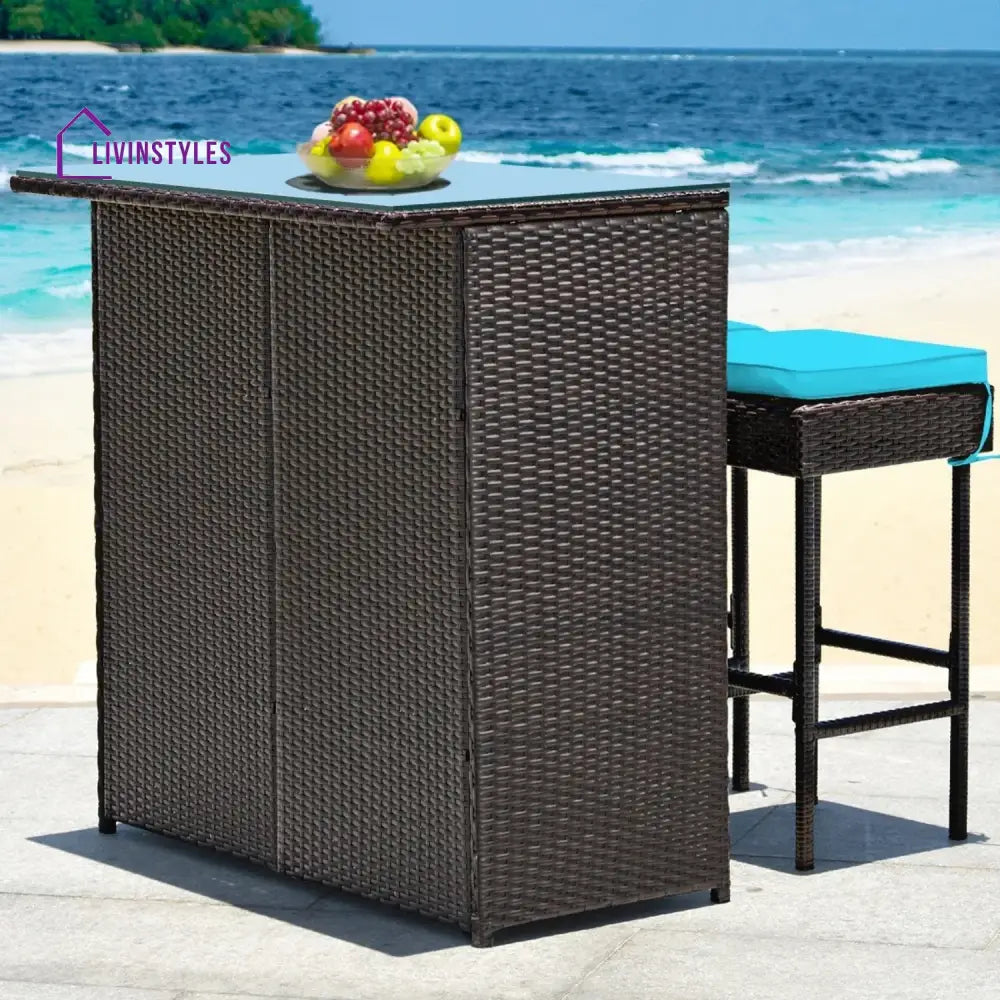 Outdoor Wicker Bar Set with Glass Top 2 Cushioned Stools - Bar Set