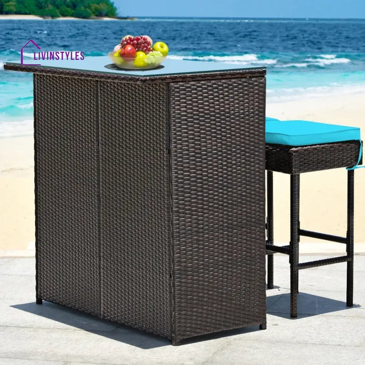 Outdoor Wicker Bar Set with Glass Top 2 Cushioned Stools - Bar Set