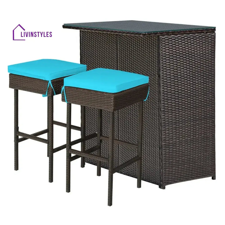 Outdoor Wicker Bar Set with Glass Top 2 Cushioned Stools - Bar Set