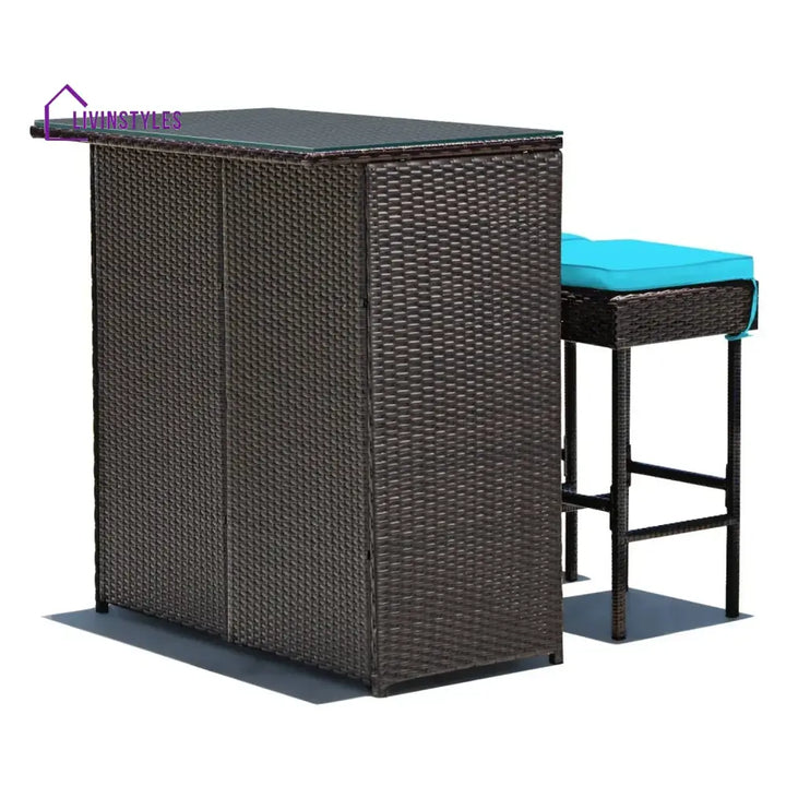 Outdoor Wicker Bar Set with Glass Top 2 Cushioned Stools - Bar Set
