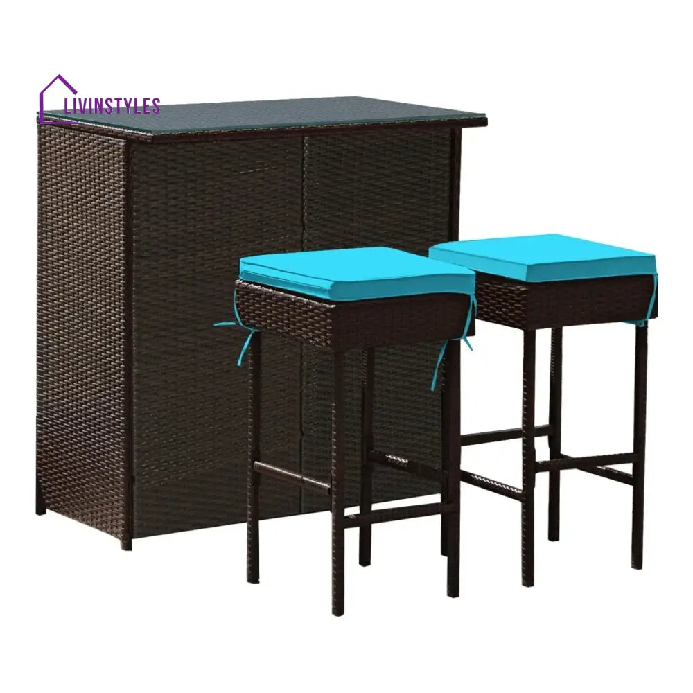 Outdoor Wicker Bar Set with Glass Top 2 Cushioned Stools - Bar Set