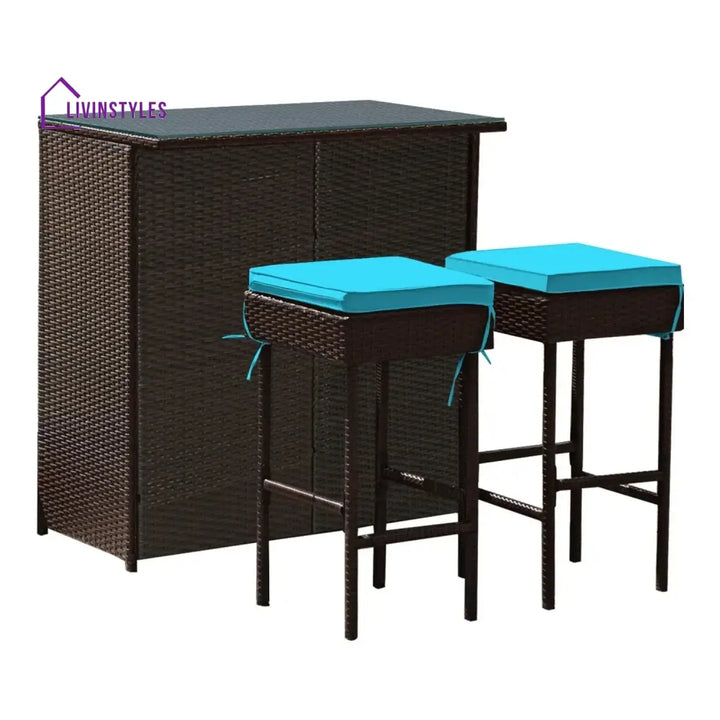 Outdoor Wicker Bar Set with Glass Top 2 Cushioned Stools - Bar Set
