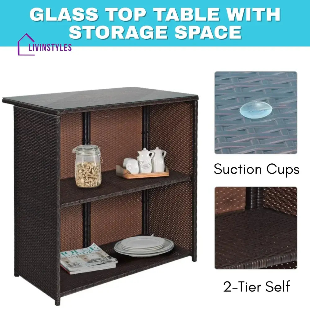 Outdoor Wicker Bar Set with Glass Top 2 Cushioned Stools - Bar Set