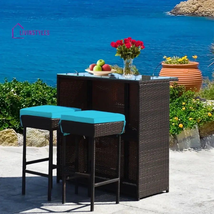 Outdoor Wicker Bar Set with Glass Top 2 Cushioned Stools - Bar Set