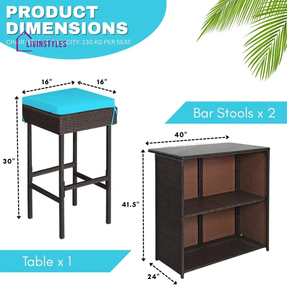 Outdoor Wicker Bar Set with Glass Top 2 Cushioned Stools - Bar Set