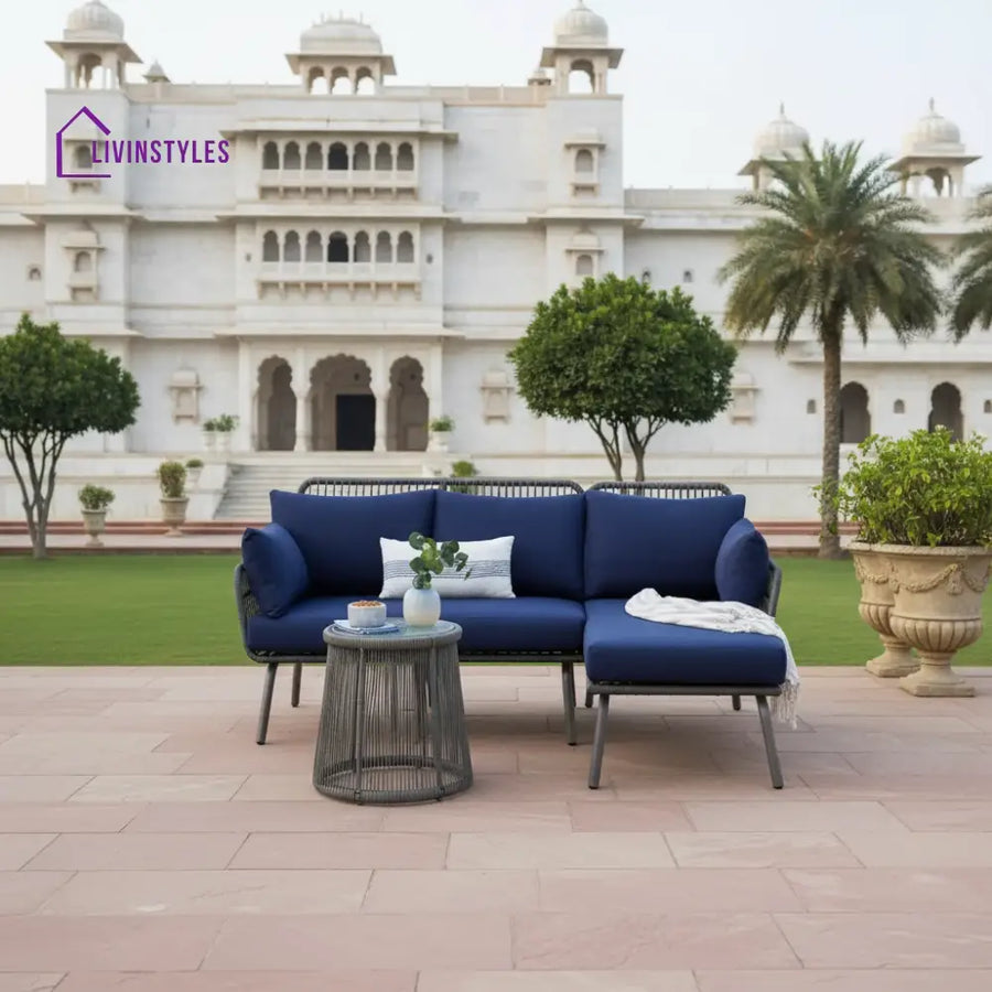 Outdoor Woven Rope Sectional Patio Furniture L-Shaped Conversation Sofa With Table - Gray/Navy