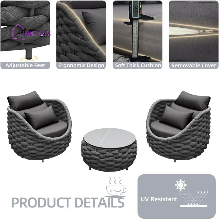 Outlee Outdoor Patio Seating Set 2 Chairs and 1 Table Set (Dark Grey) Braided & Rope - Coffee Table Sets