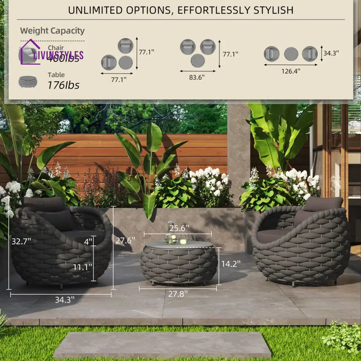 Outlee Outdoor Patio Seating Set 2 Chairs and 1 Table Set (Dark Grey) Braided & Rope - Coffee Table Sets