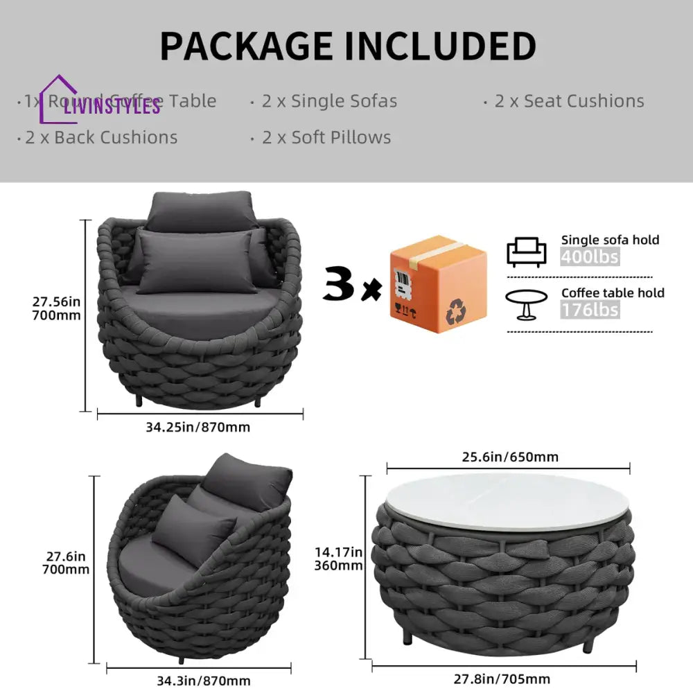 Outlee Outdoor Patio Seating Set 2 Chairs and 1 Table Set (Dark Grey) Braided & Rope - Coffee Table Sets