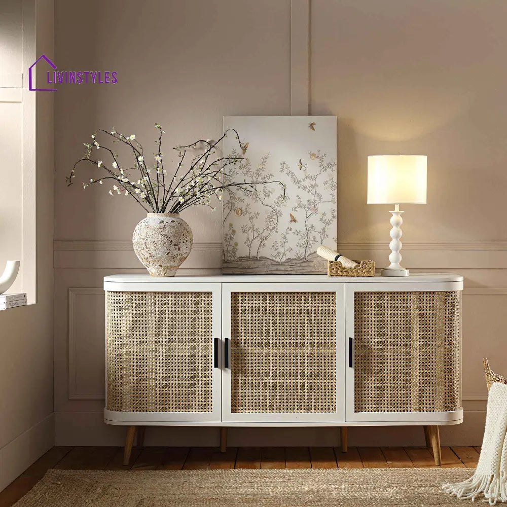 Izzy Curved Rattan Large 3-Door Sideboard White Cabinets & Chests