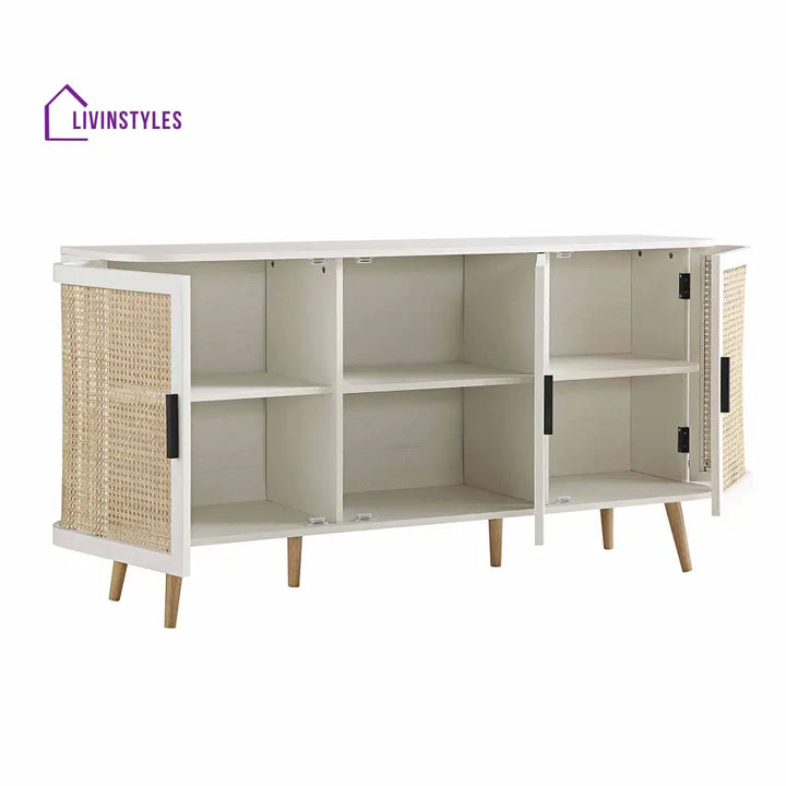 Izzy Curved Rattan Large 3-Door Sideboard White Cabinets & Chests