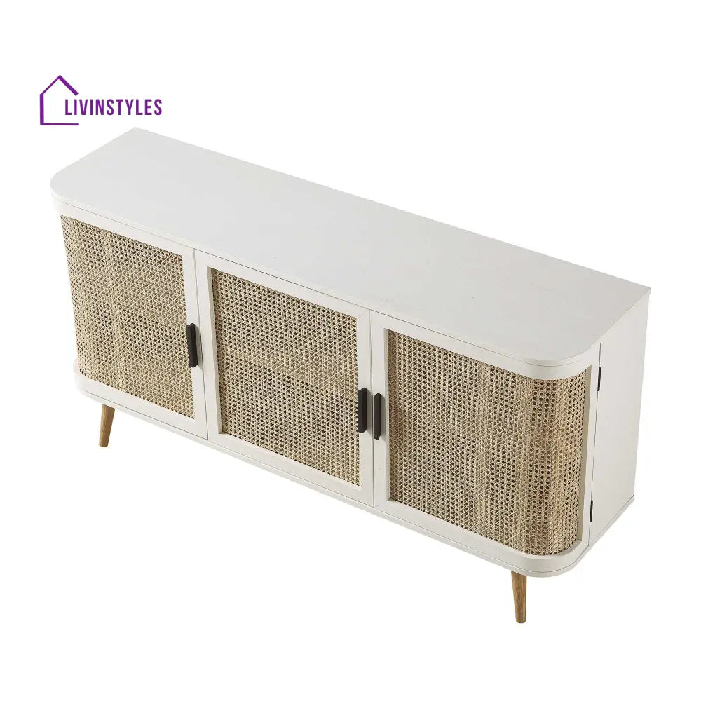 Izzy Curved Rattan Large 3-Door Sideboard White Cabinets & Chests