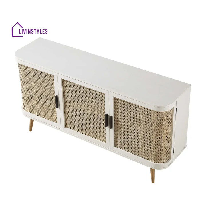 Izzy Curved Rattan Large 3-Door Sideboard White Cabinets & Chests