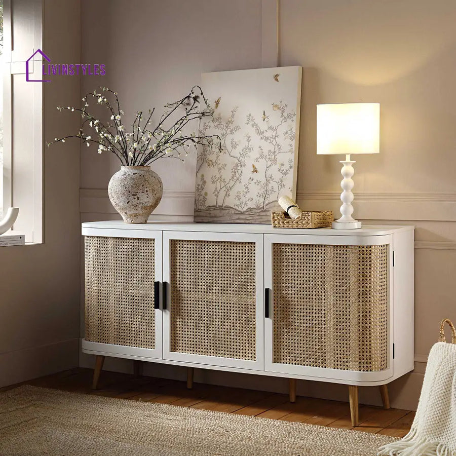 Izzy Curved Rattan Large 3-Door Sideboard White Cabinets & Chests