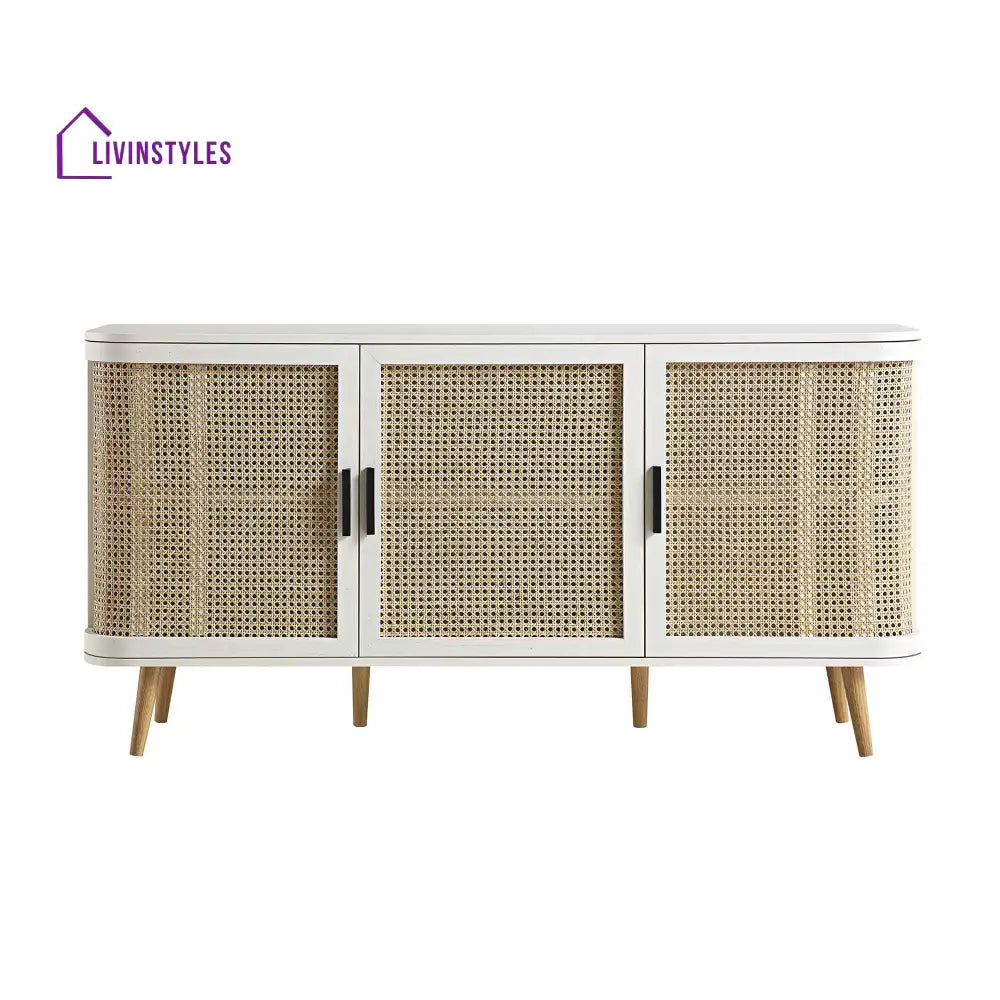 Izzy Curved Rattan Large 3-Door Sideboard White Cabinets & Chests