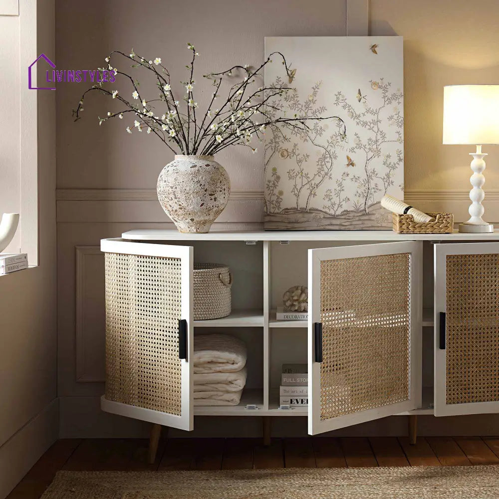 Izzy Curved Rattan Large 3-Door Sideboard White Cabinets & Chests