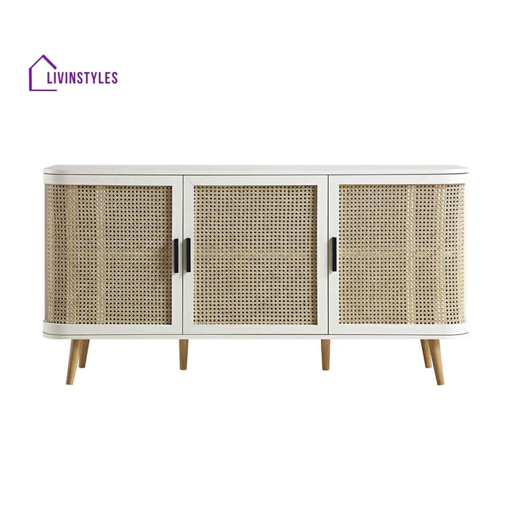Izzy Curved Rattan Large 3-Door Sideboard White Cabinets & Chests
