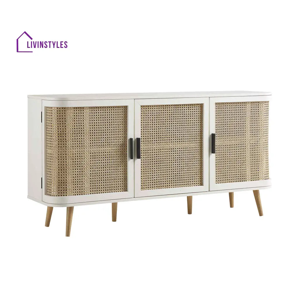 Izzy Curved Rattan Large 3-Door Sideboard White Cabinets & Chests