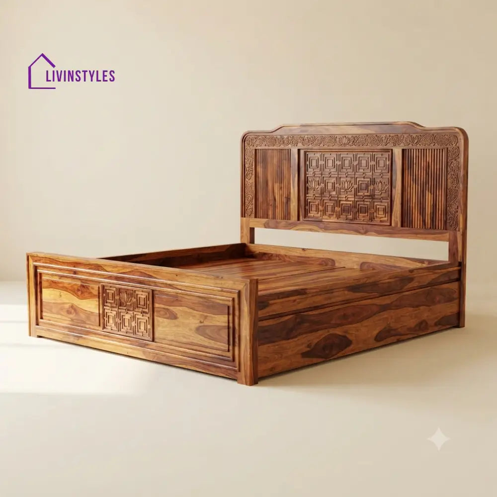 Oviya Sheesham Wood Bed With Box Storage | Wooden Bed
