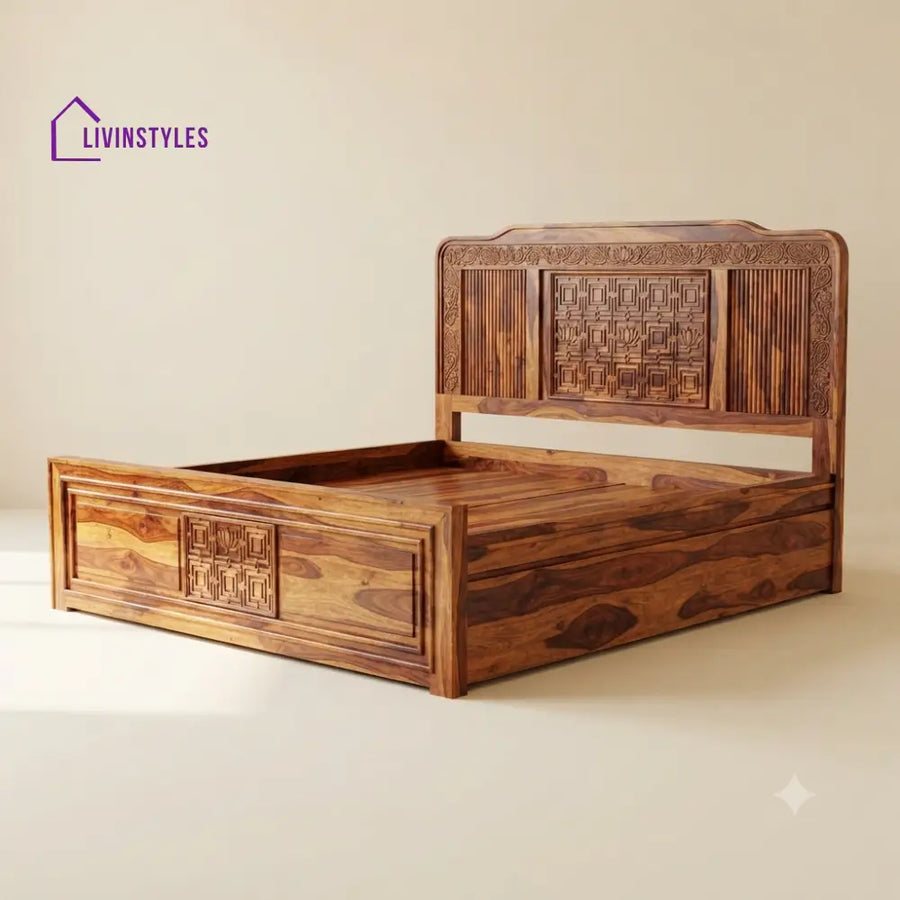 Oviya Sheesham Wood Bed With Box Storage | Wooden Bed