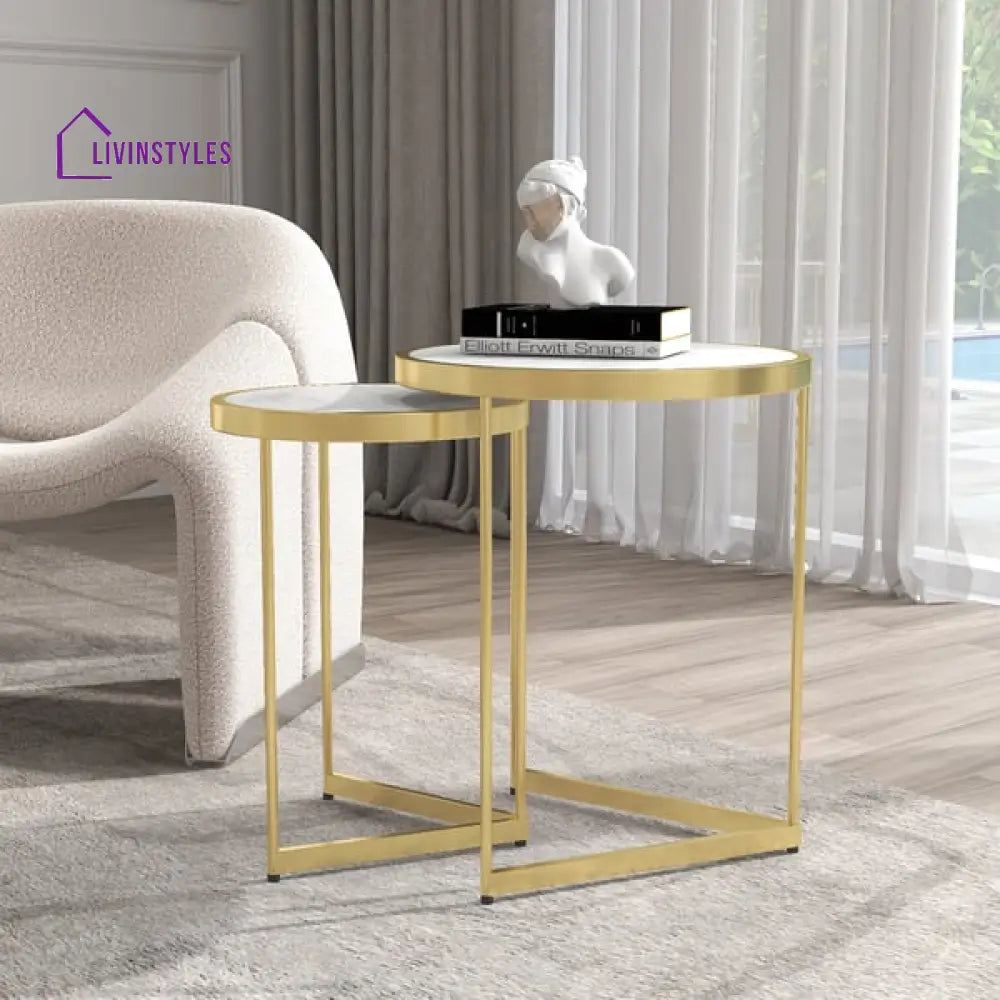 Oxford Modern Luxurious Round Marble Side Table In Gold Color - Set Of 2