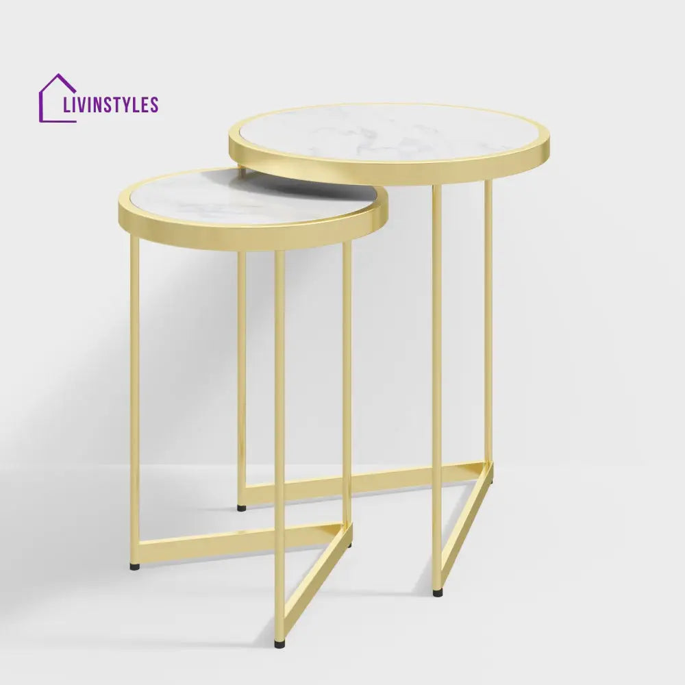 Oxford Modern Luxurious Round Marble Side Table In Gold Color - Set Of 2
