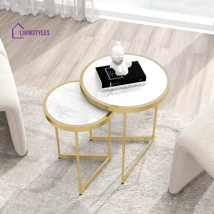 Oxford Modern Luxurious Round Marble Side Table In Gold Color - Set Of 2