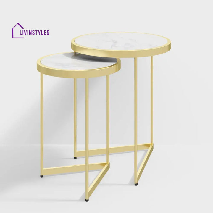 Oxford Modern Luxurious Round Marble Side Table In Gold Color - Set Of 2
