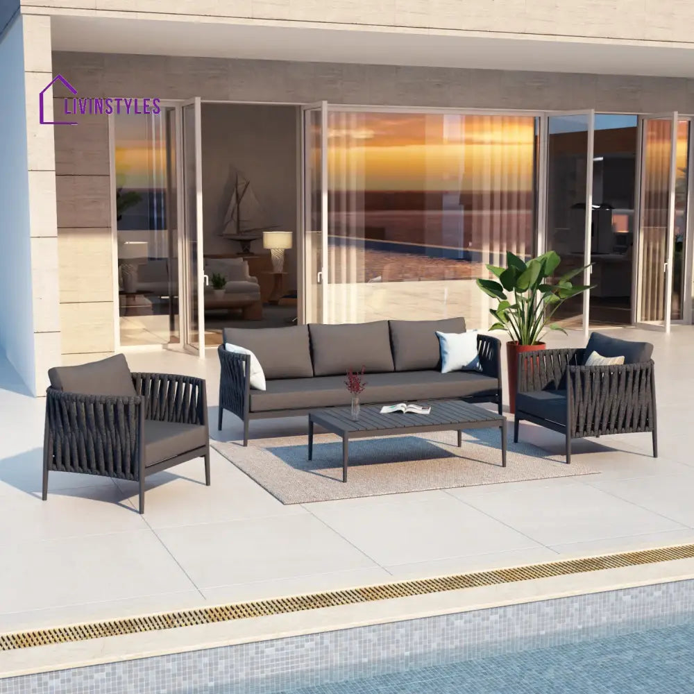 Pablo Outdoor Garden Balcony Sofa Set 3 Seater 2 Single seater and 1 Table Set Braid & Rope (Dark Grey) - Sofa Sets