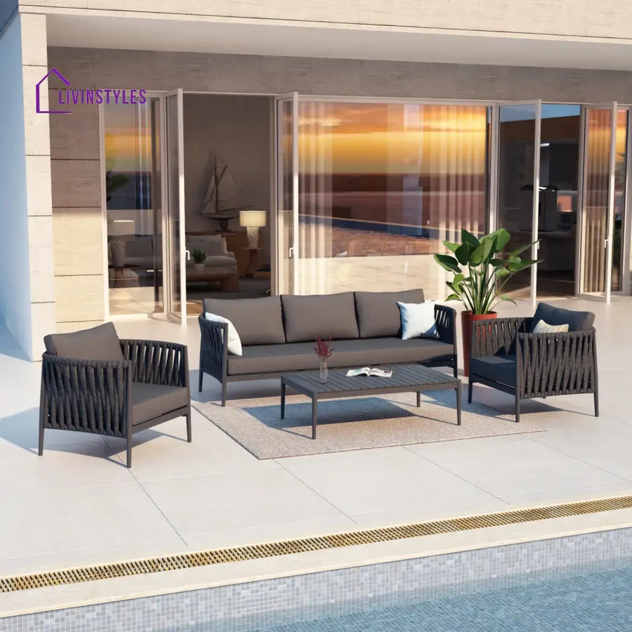 Pablo Outdoor Garden Balcony Sofa Set 3 Seater 2 Single seater and 1 Table Set Braid & Rope (Dark Grey) - Sofa Sets