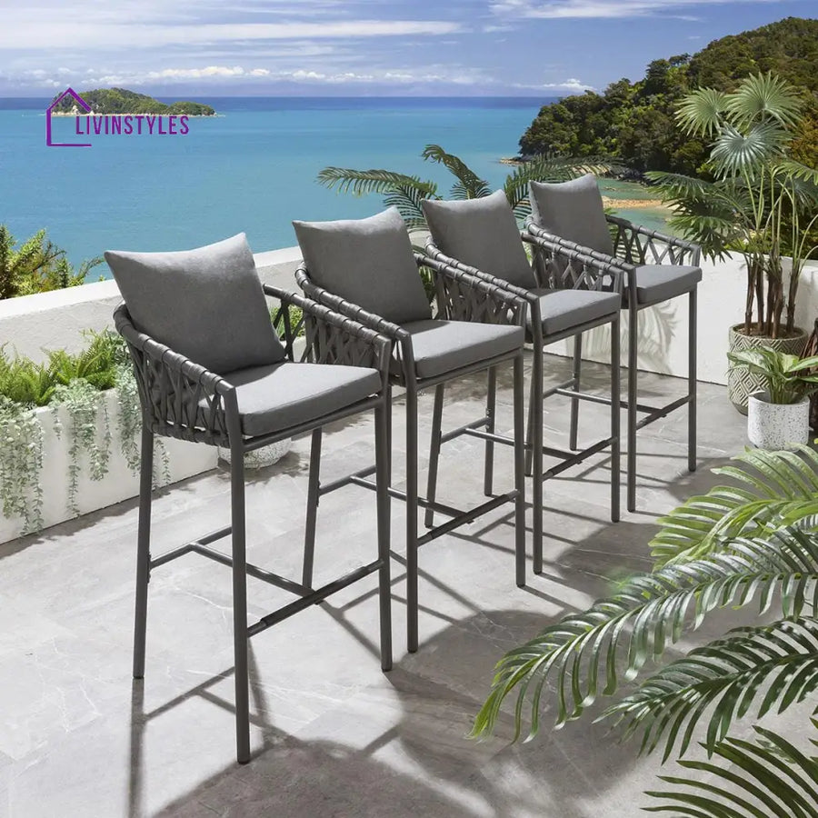 Paca Outdoor Patio Bar Chair 4 Chairs For Balcony Braided & Rope - Grey - Bar Sets