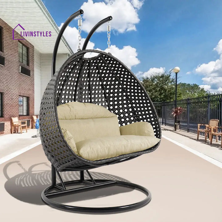 Paccio Double Seater Hanging Swing With Stand For Balcony Garden Swing (Dark Grey) - Beige - Swings