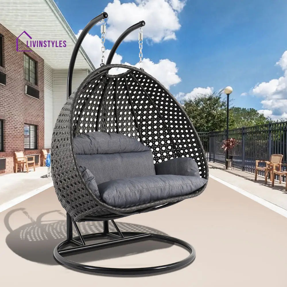 Paccio Double Seater Hanging Swing With Stand For Balcony Garden Swing (Dark Grey) - Charcoal Blue - Swings
