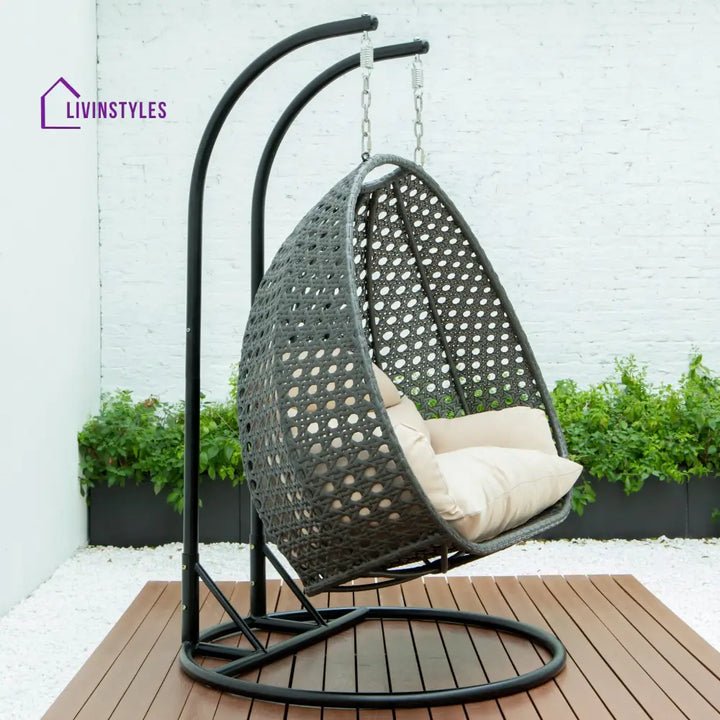 Paccio Double Seater Hanging Swing With Stand For Balcony Garden Swing (Dark Grey) - Swings