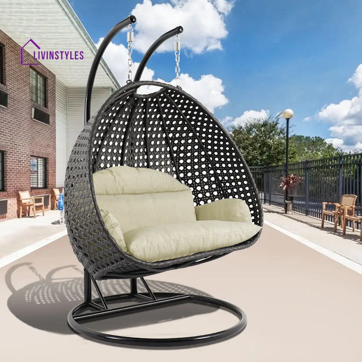 Paccio Double Seater Hanging Swing With Stand For Balcony Garden Swing (Dark Grey) - Taupe - Swings
