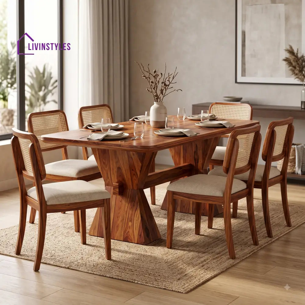 Padma Premium Wooden 6 Seater Dining Table Set