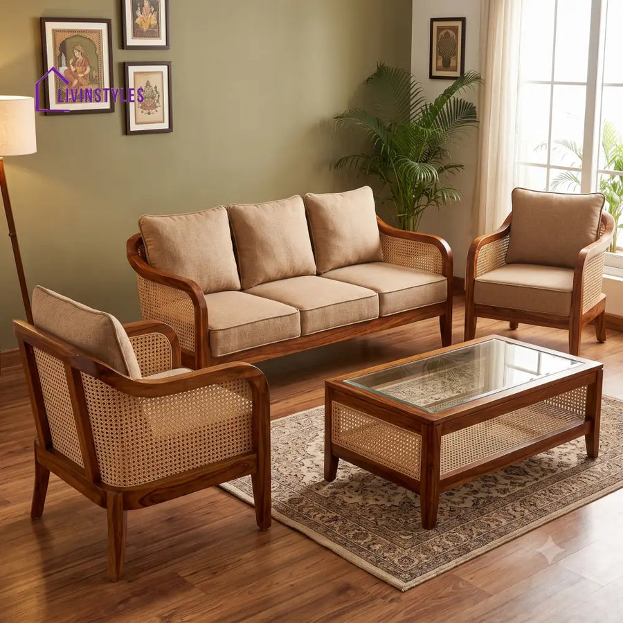 Padmavati Wooden Sofa Set | 3 + 1 + 1 Sheesham Wood Sofa Set for Living Room