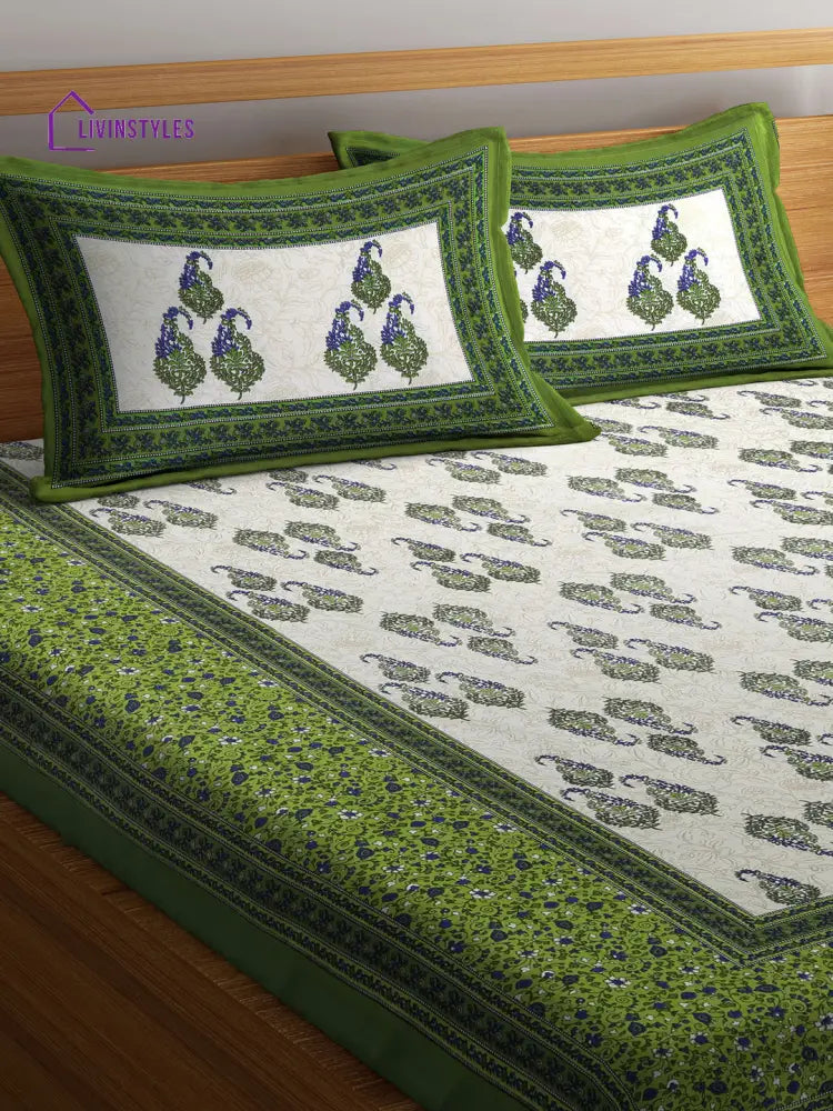 Paisley Print White And Green Double Bedsheet With 2 Pillow Covers