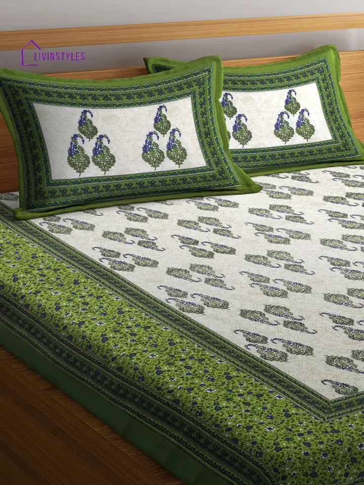 Paisley Print White And Green Double Bedsheet With 2 Pillow Covers