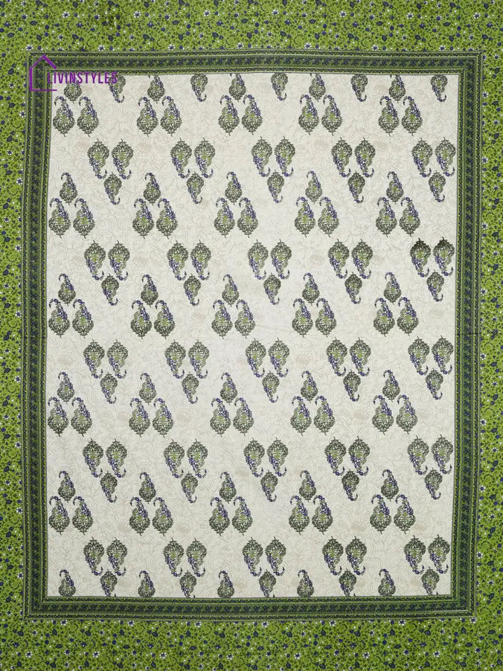 Paisley Print White And Green Double Bedsheet With 2 Pillow Covers
