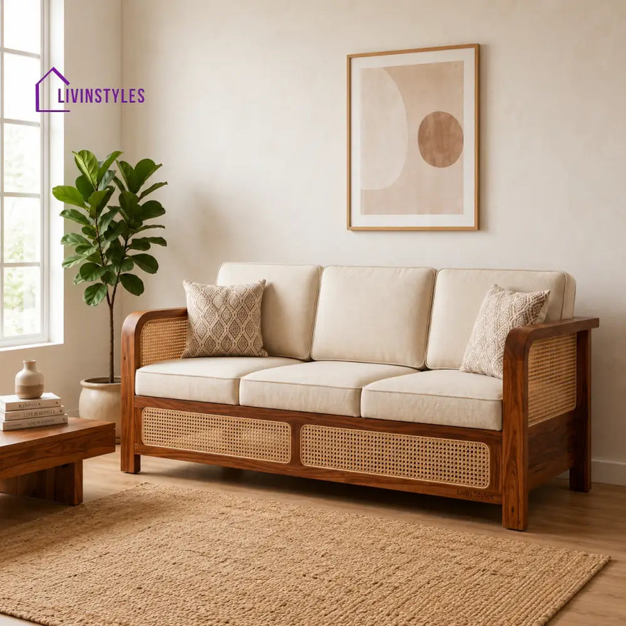 Palak Sheesham Wood and Cane Sofa for Living Room