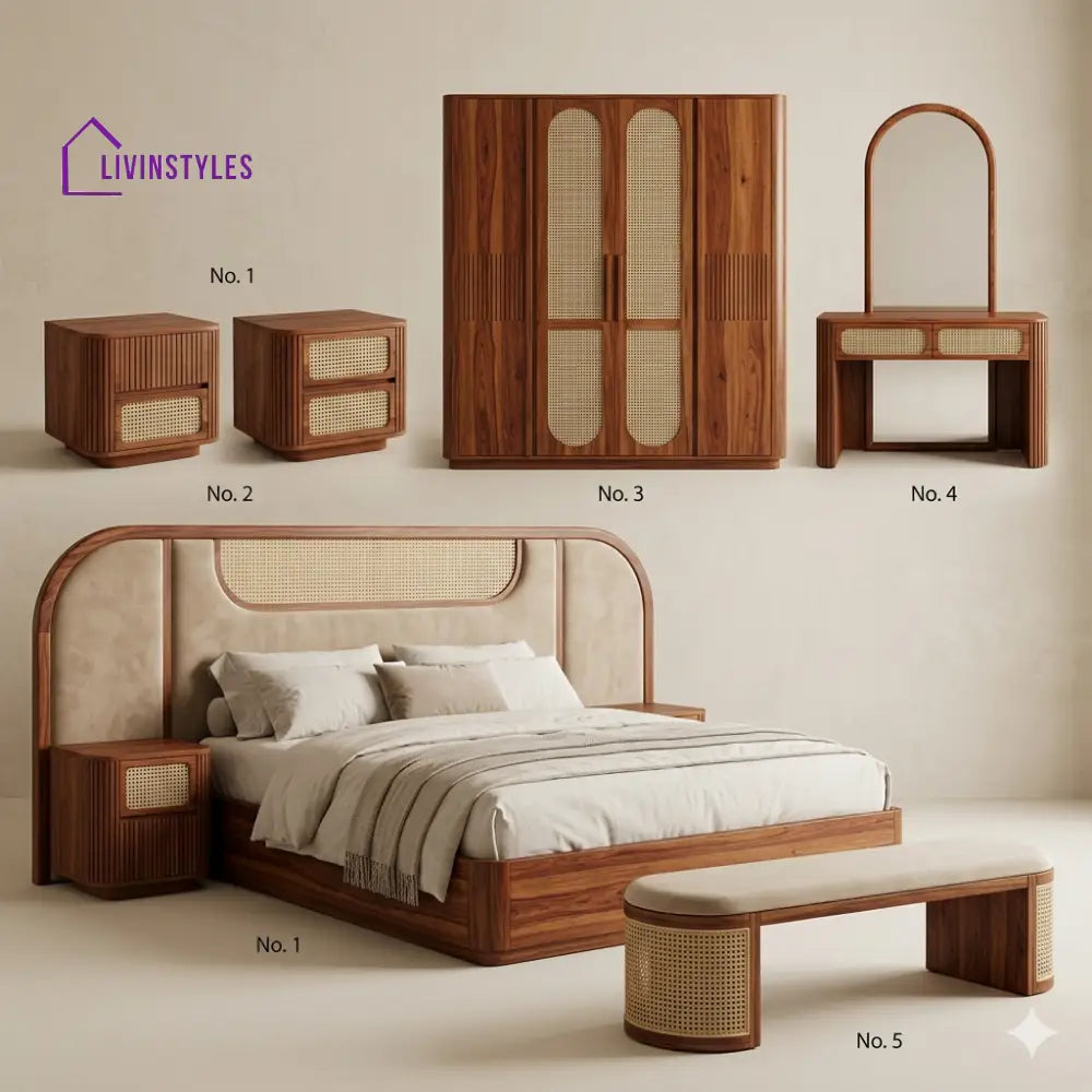 Palak Solid Sheesham Wood Bedroom Set with Bed Bedside Tables Bench Wardrobe & Dresser
