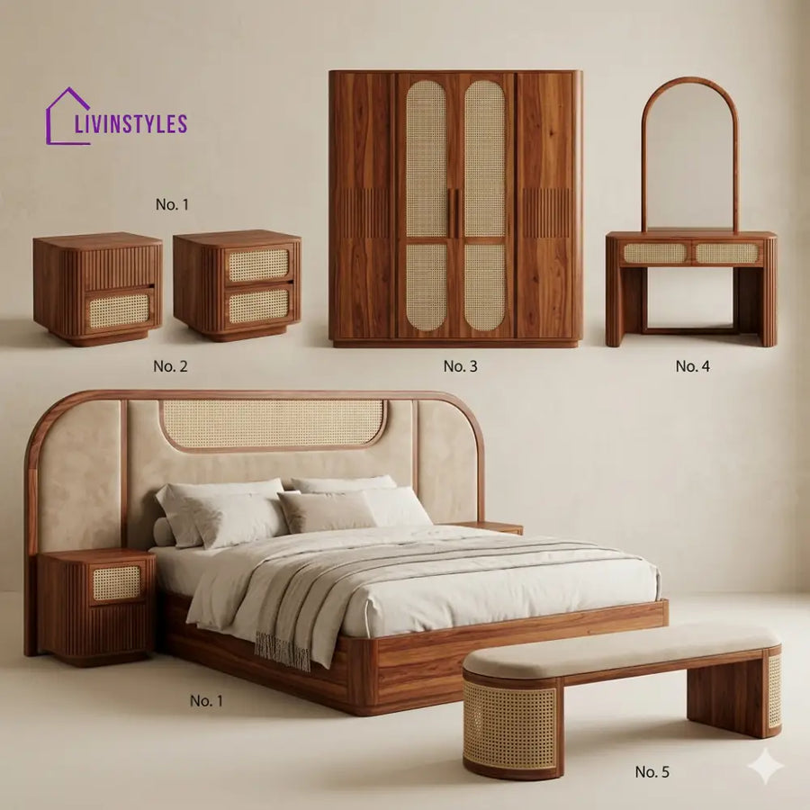 Palak Solid Sheesham Wood Bedroom Set with Bed Bedside Tables Bench Wardrobe & Dresser